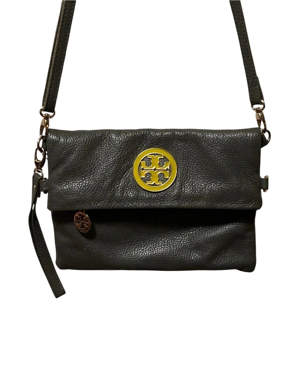 Tory Burch Logo Pebble Gray Leather Fold-Over Crossbody Purse